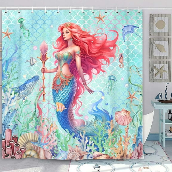 Ocean Coastal Mermaid Shower Curtain, Cute Sea Animals Octopus Jellyfish Seashell Beach Theme Shower Curtain Kids Girls Bathroom Set, Sea Underwater Nautical Shower Curtain with Hook, 70X70 Teal Blue