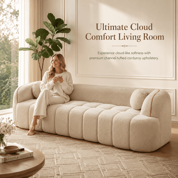 Corduroy Cloud Couch 98.4-inch 3 Seater Sofa No Assembly Sofa in a Box