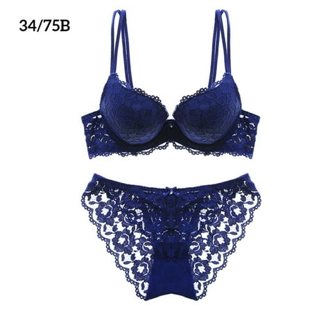 

Lace Bra Set Push up Adjustable Girls Underwear Hollow Breathable Lingerie Blue 34/75B
