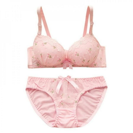 KOOYTE Print Bow Lace Cotton Bra Sets Women Convertible Push Up Lingerie Bra Underwire Bra & Panty Set Underwear Sets