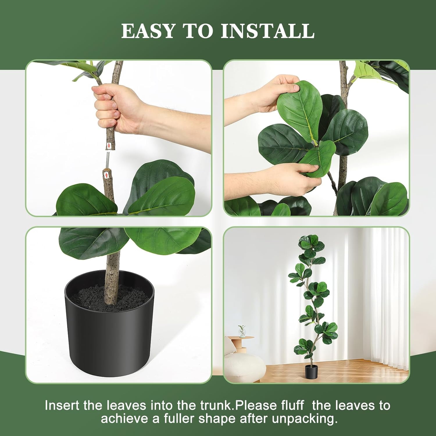 Artificial Fiddle Leaf Fig Tree - Home Fake Plant with Black Planter, Large Floor Plants for Home or Office Decor - Artificial Plants Indoor