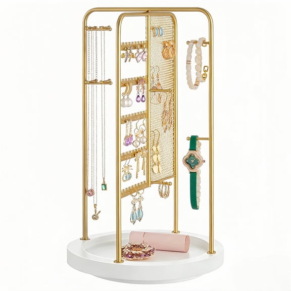 Behome Jewelry Organizer, 5 Tier Large Necklace Holder with Wood Base, Jewelry Stand for Bracelet, Necklace, Earrings, Rings, Gold