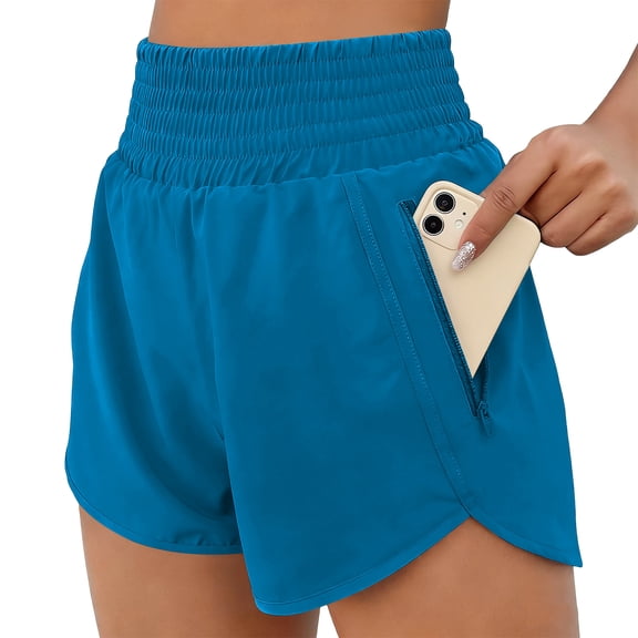 JUUNthy Womens Athletic Shorts, High Waist Zipper Pockets Active Fit Running Workout Shorts Sky Blue S