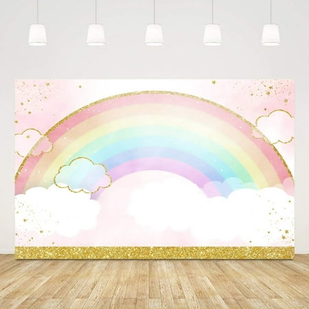Image of Ticuenicoa 5x3ft Rainbow Backdrop Baby Background Pink Gold 1st Birthday Photography Backdrops Watercolor Cloud