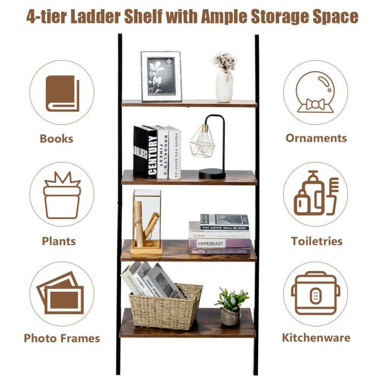 Demi Bonn 4-Tier Industrial Leaning Wall Bookshelf, Display Rack for Plants and Books, Brown