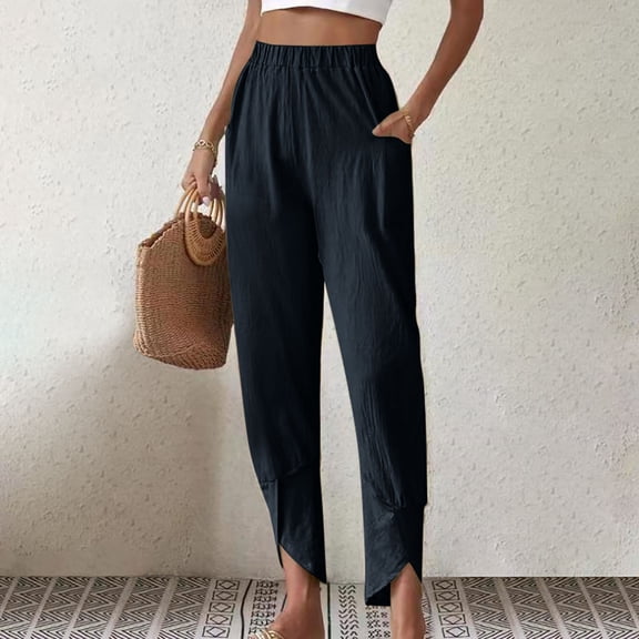 Gaecuw Linen Pants Women Summer Wide Legged Pants Regular Fit Long Pants Lounge Trousers Sweatpants Casual Loose Baggy Pants High Waisted Linen Summer Ankle Length Workout Pants with Pockets Solid