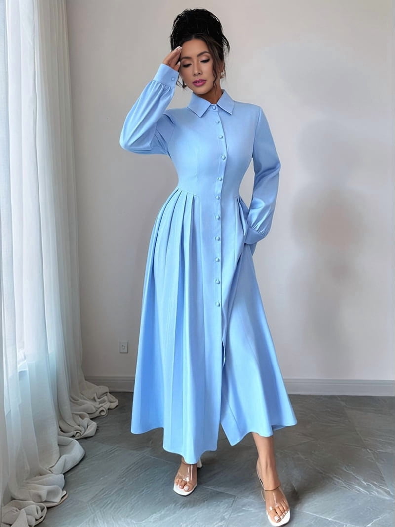 Anna-Kaci Women s Long Sleeve Button Front Maxi Dress with Structured Collar, Pleated Dress Paneling and Smooth Fabric Finish, XL 16-18 / Light Blue Anna-Kaci Women s Long Sleeve Button Front Maxi Dress with Structured Collar, Pleated Dress Paneling and Smooth Fabric Finish, XL 16-18 / Light Blue