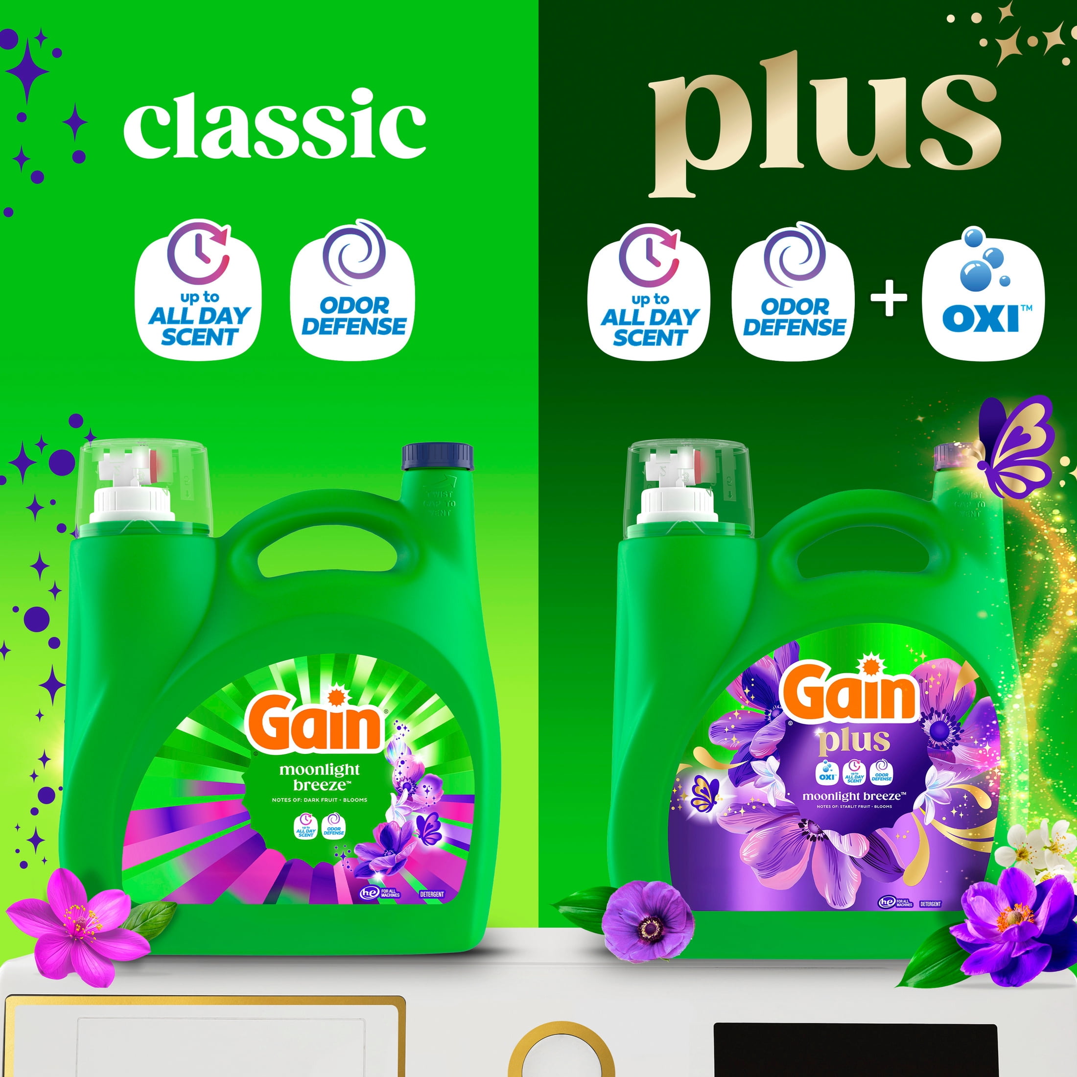 Gain Plus Laundry Detergent Liquid, Now with Odor Defense + OXI, Moonlight Breeze Scent, 133 fl oz, 101 Loads