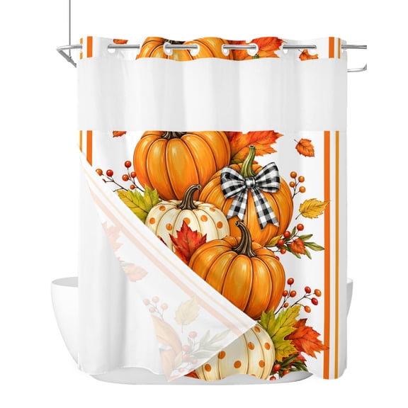 No Hook Shower Curtain, Thanksgiving Maple Leaf Standard Shower Curtains with Snap in Liner, Fall Pumpkins Berries Autumn Farm Waterproof Washable Fabric Bathroom Curtain Set, 66" x 72"