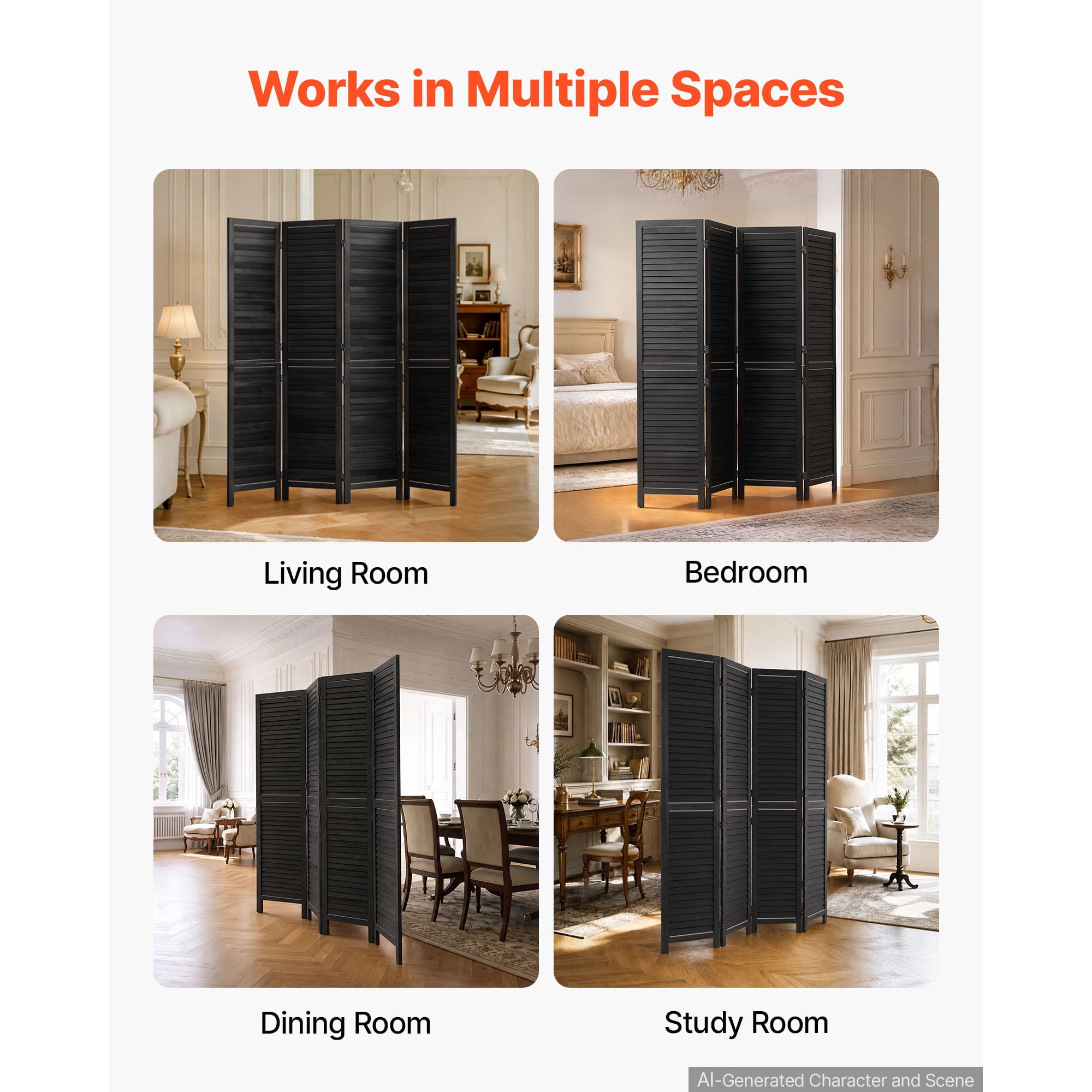 KFFKFF Wood Room Divider with 4 Panels, 67-Inch Folding Privacy Screen in Black, Ideal for Room Separation and Home Decoration, Durable Frame, 360° Two-Way Hinges, Simple Assembly