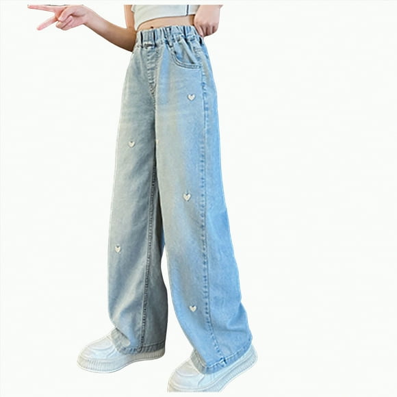 Zanarzt Baggy Cargo Pants for Girls Wide Leg Boys Girls Baggy Pants Cute Baggy Denim Pants High Waist Straight Wide Leg Jeans Blue,8-9 Years