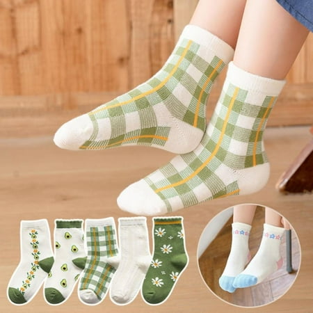 

5 Pairs Kids Non Slip Skid Socks Green Grips Sticky Slippery Cotton Crew Socks For 1-12 Years Old Children Youth Boy Girl