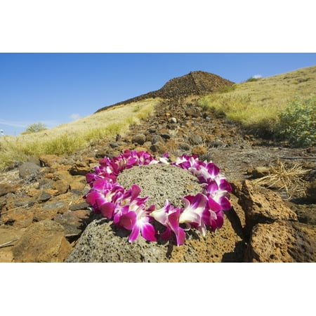 - Hawaii Big Island North Kohala Kawaihae Mailekini Heiau Orchid Lei In Foreground Canvas Art - Ron Dahlquist Design Pics (34 x 22)