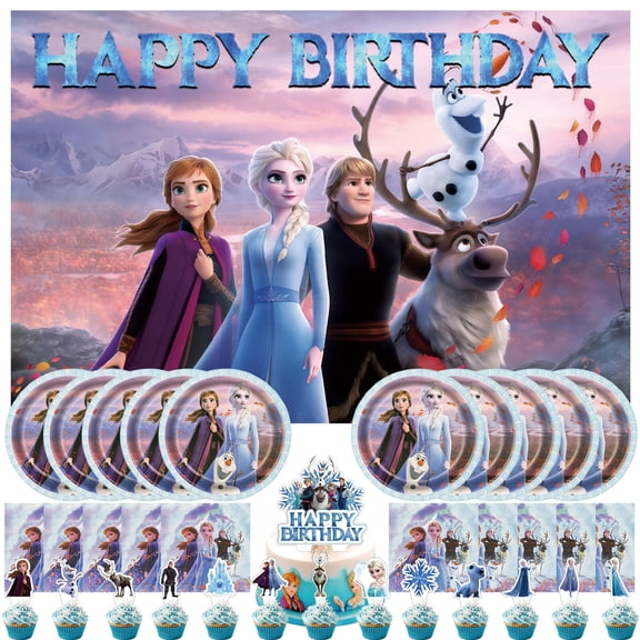 35 Piece For Frozen Cartoon Themed Celebration Birthday Decor Set – Includes Backdrop, Cake Topper, 13 Cupcake Toppers, 10 Paper Plates, and 10 Napkins for Party Favors and Events