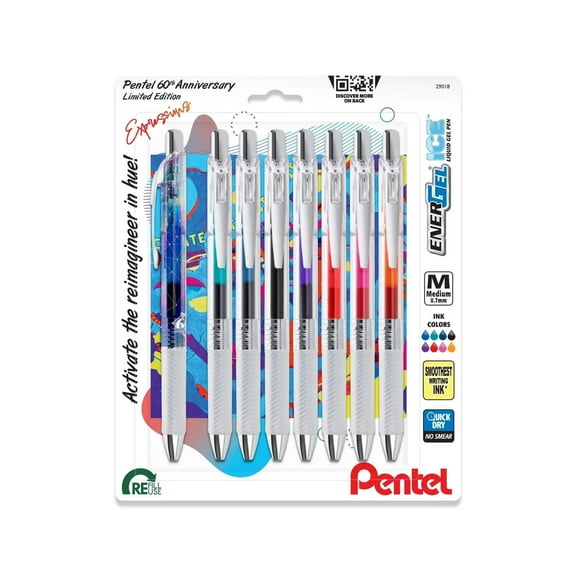 Pentel EnerGel Expressions, 60th Anniversary Limited Edition Pack, ICE Liquid Gel Pens, (0.7mm) Medium Line, Assorted Ink, 8-Pk