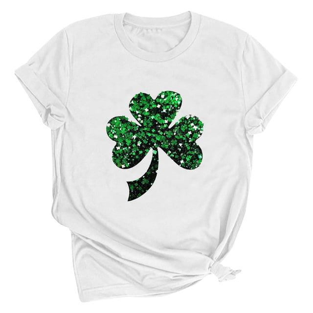 Dealovy T-Shirts de la Saint-Patrick pour Femmes à Manches Courtes, Col Rond, Coupe Ample, T-Shirts Graphiques Trèfle et Cœur