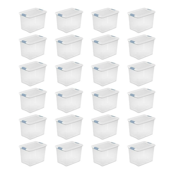 Sterilite Latching Storage Box, Stackable Bin with Latch Lid, Plastic Container to Organize Closet Shelf, Clear with Blue Lid, 25 Quart, 24-Pack