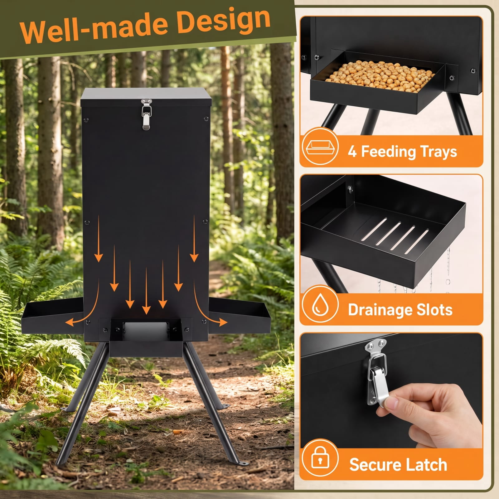 Vebreda 90LB Gravity Deer Feeder with 4 Feeding Trays and 4-Leg Stand, More Feed, Less Refills, Built for Outdoor Seasons, Dry Corn Protection