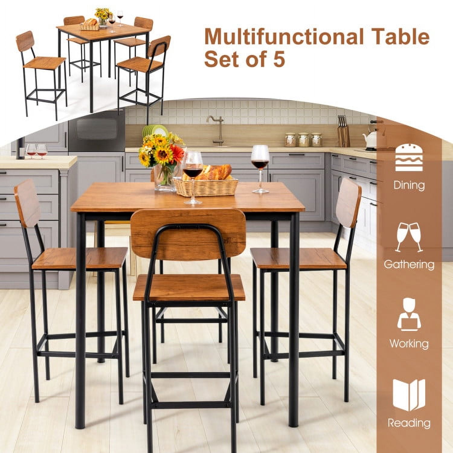Finihen Dining Set, Dining Table Set, 5-Piece Industrial Dining Table Set with Counter Height Table and 4 Bar Stools, for Home, Restaurant, Walnut Finihen Dining Set, Dining Table Set, 5-Piece Industrial Dining Table Set with Counter Height Table and 4 Bar Stools, for Home, Restaurant, Walnut