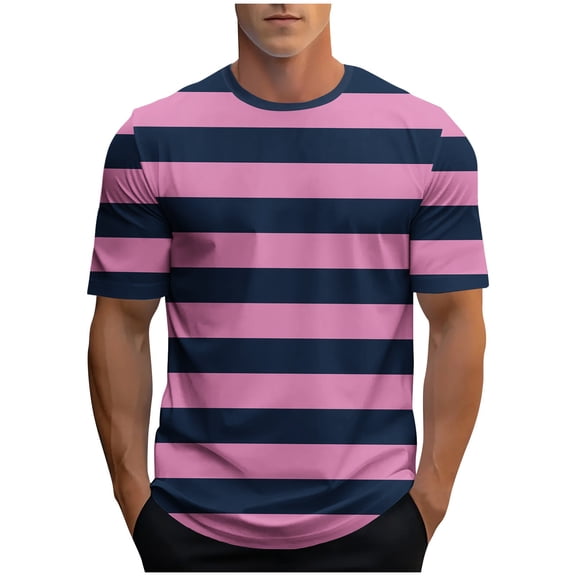 KeShDi Flannel Shirts Man Fashion Casual Stripe Print Sports T-shirt Short Sleeve Round-Neck Blouses Shirts Purple 3X