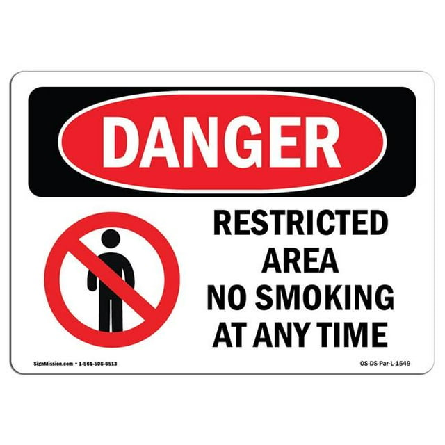 SignMission OS-DS-A-1218-L-1549 12 x 18 in. OSHA Danger Sign - Restricted Area No Smoking At Any Time