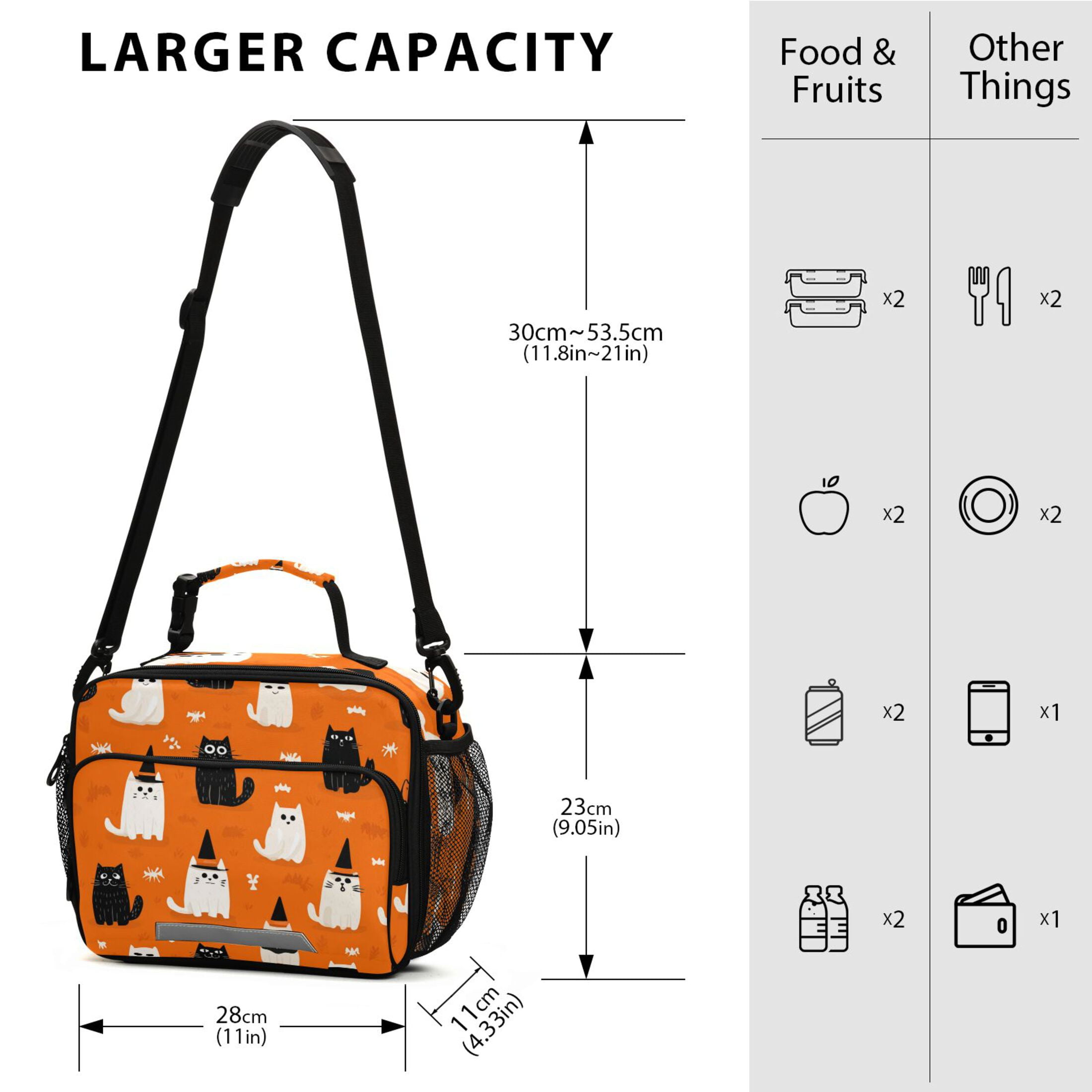 Insulated Lunch Bag 6L Leak-Proof Lunch Box with Shoulder Strap Multiple Pockets Lunch Tote Black Cat and White Cat