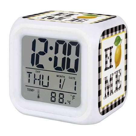 Alarm Clocks Home Lemon Digital Clock 7 Color LED Night Light Silent Non-Ticking Battery Operated Summer Fruit Black Buffalo Plaid Cube Clocks for Bedroom Bedside Living Room Office School