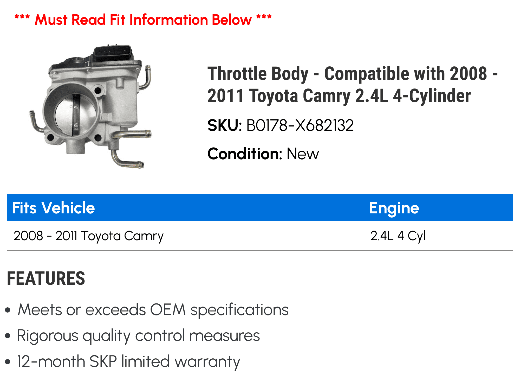 Throttle Body - Compatible with 2008 - 2011 Toyota Camry 2.4L 4-Cylinder 2009 2010