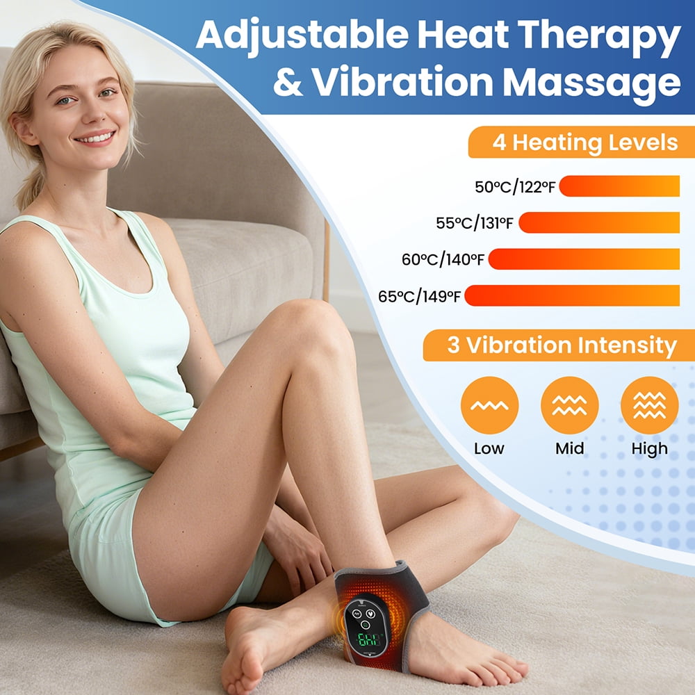Cordless Heated Vibrating Ankle Wrap, Foot Ankle Massager with 4 Heat Levels (122-149℉) & Dual Motors, 3000mAh Rechargeable Battery, Fit for Left or Right Ankle, Portable for Home Office Travel