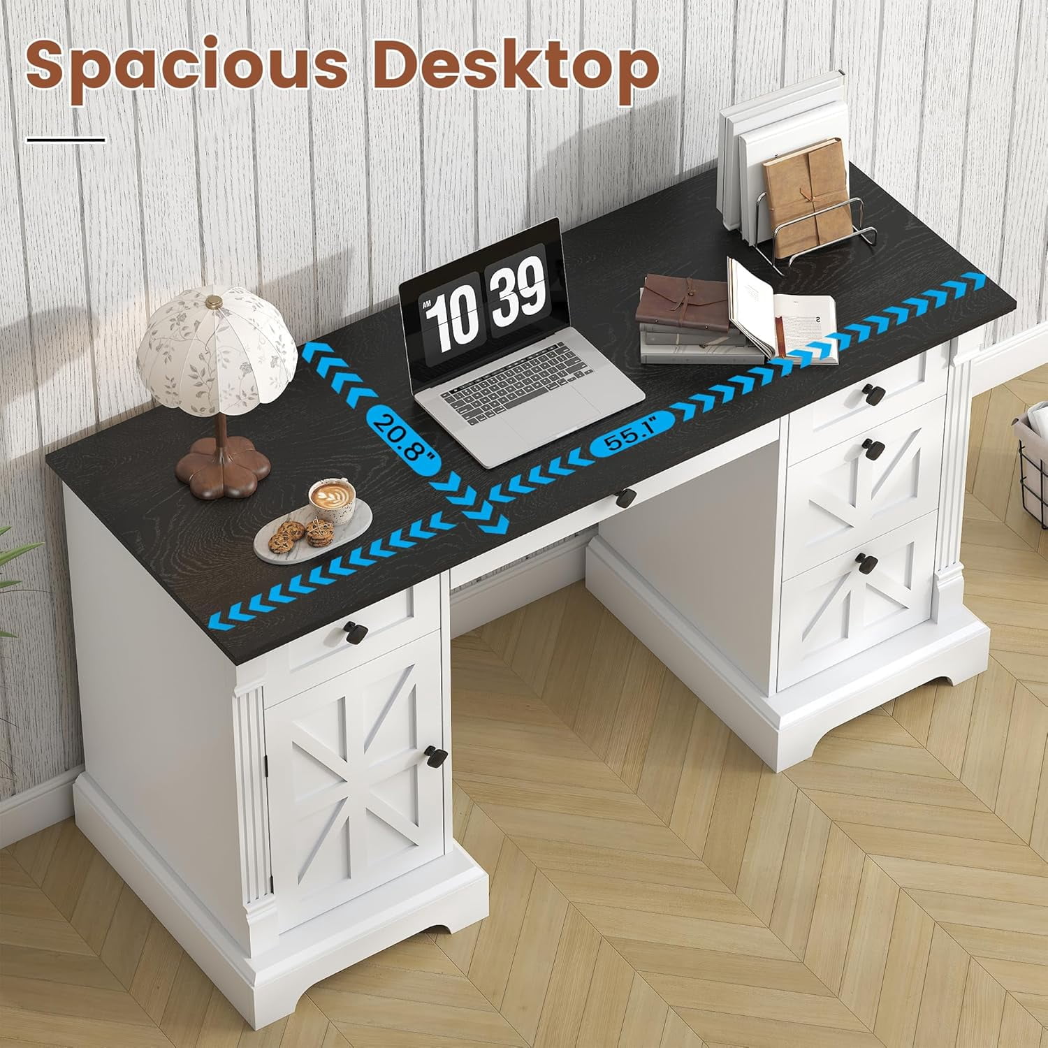 Frmobepts Farmhouse Executive Desk with Drawers, 55" Home Office Desks with Fast Charging Station, Wood Writing Computer Desk for Work, Study, White