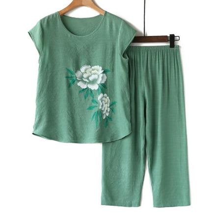 

Fanxing Womens Summer Outfits Clearance Women s 2 Piece Outfits Short Sleeve Summer Floral Print Casual Loose Lounge Wear Pajamas Tunic Tops and Pants