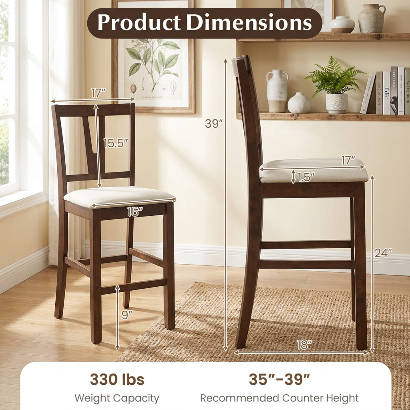 Furnibear Counter Height Bar Stools with Contoured V-Back-Set of 2 for Kitchen Island Counter Bar Pub Dining Home, Walnut