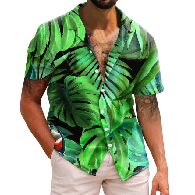 Camisas Y s Hombres Casual Manga corta Primavera Verano Turndown Neck 3D Impreso Camisas Moda Top Blusa Camisas (Green, M)