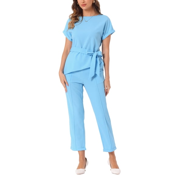INSPIRE CHIC Women's 2 Piece Sets Round Neck Short Sleeve Belted Asymmetry Tops Elastic Waist Trousers Set