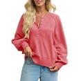 thumbnail image 3 of Women'S Button Crew Neck Sweater Fall Long Sleeve Henley Shirts Trendy Loose Knit Pullover Tops Red L, 3 of 8