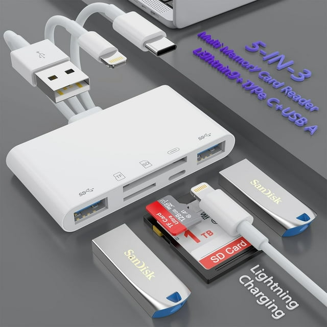 fuzhong-【Apple MFi Certified】 Multi 5-in-1 SD TF Memory Card Reader with SD/Micro SD/SDHC/SDXC/MMCLightning+Type C+USB A OTG Adapter for iPhone/iPad/Android/MacBook/PC/Tablet/Camera/Hard Disk/Flash D