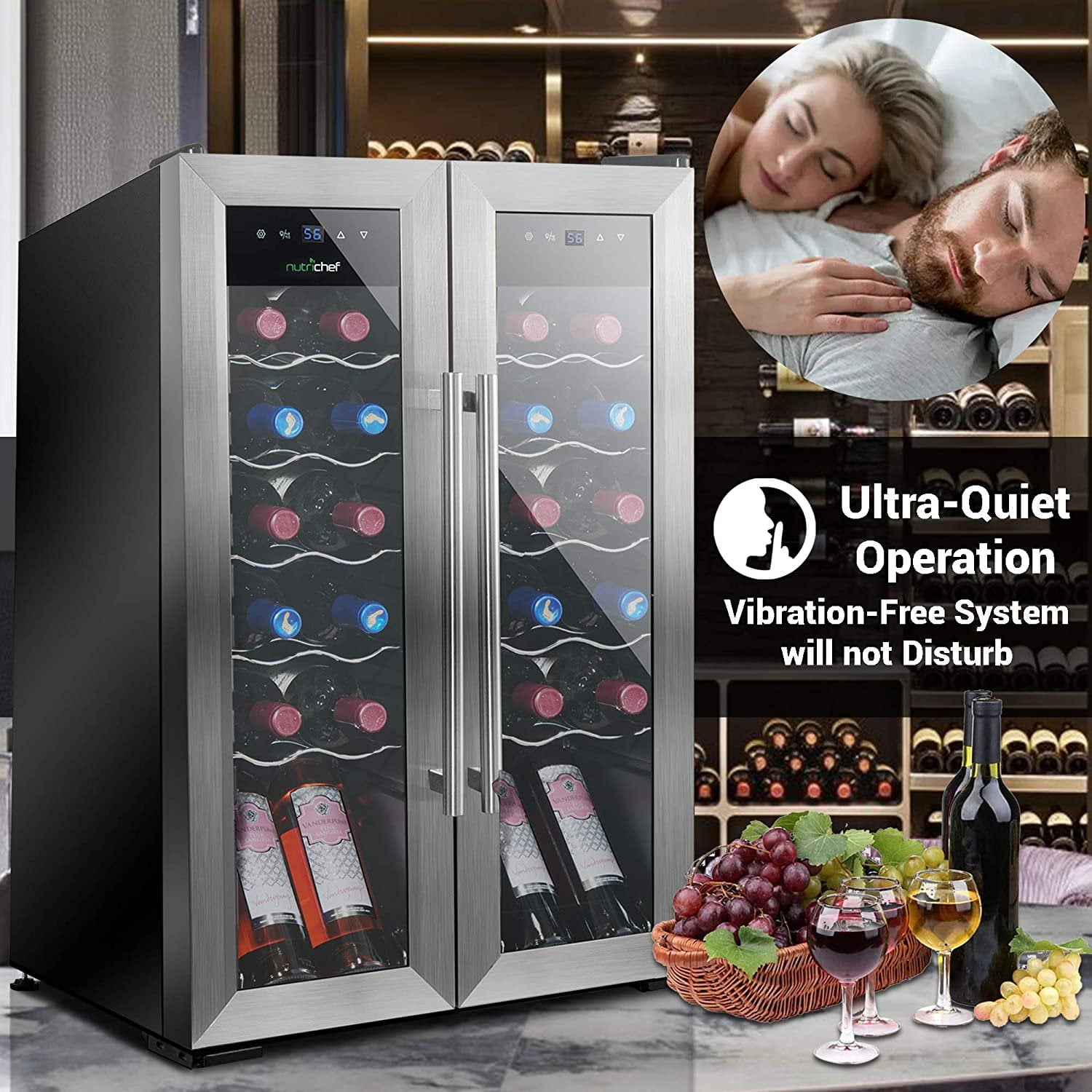 24 Bottle Wine Cooler Refrigerator - White Red Wine Fridge Chiller Countertop Wine Cooler - Freestanding Compact Mini Wine Fridge 24 Bottle w/ Digital Control, Stainless Steel Door - NutriChef PKCWC24