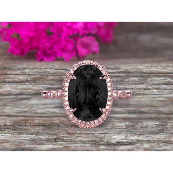 2 Carat Oval Cut Black Diamond Moissanite Engagement Ring On 10k Rose Gold Halo Stackable Ring Art Deco Anniversary Gift Personalized for Brides