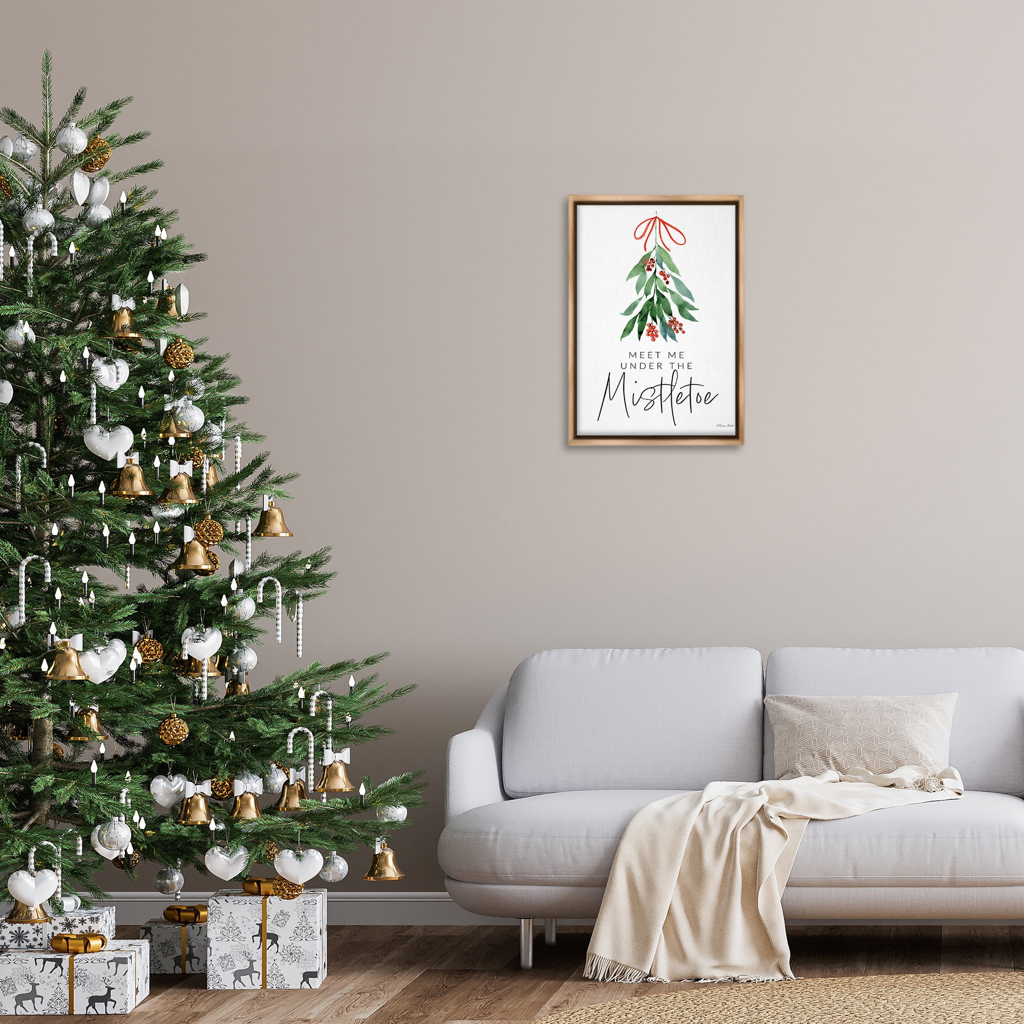 Stupell Industries Meet Me Under Mistletoe Holiday Painting Brown Floater Framed Art Print Wall Art, 17 x 25