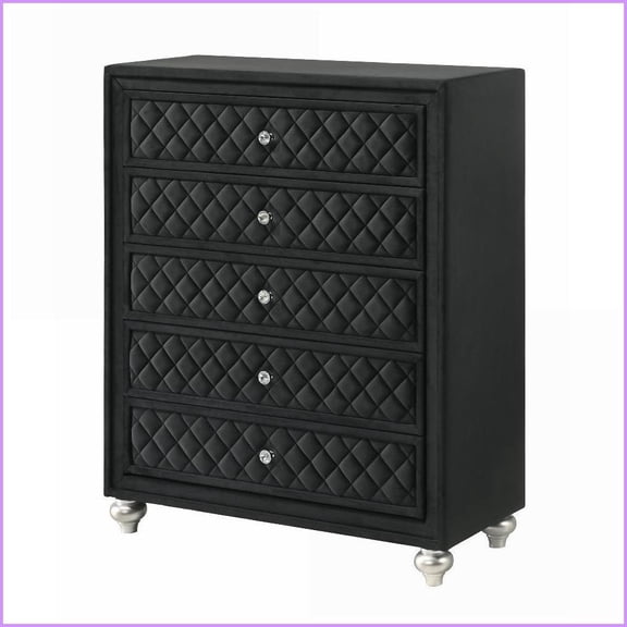 Chests & Wardrobes Traditional Glam 5-Drawer Chest with Velvet Tufted Fronts | Gray Wood | Black