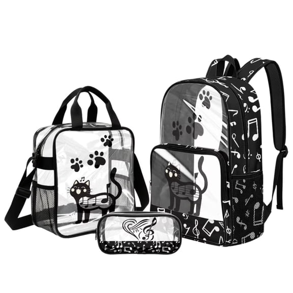 ZUXONGSY Cat Print 17" Clear Backpack for School Girls & Boys – 3Pcs Set with Lunch Box & Pencil Case, Heavy Duty PVC for Preschool, Kindergarten