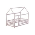 thumbnail image 4 of Twin Size Floor Bed with Roof and Fence, Wood House Bed Frame for Bedroom, Easy Assemble, No Box Spring Needed, Pink, 4 of 8