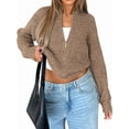 thumbnail image 2 of Women Loose Fit Crew Neck Long Sleeve Zipper Front Crop Cardigan Fall Trendy Zip Up Knit Sweater Coats Coffee Color XL, 2 of 7