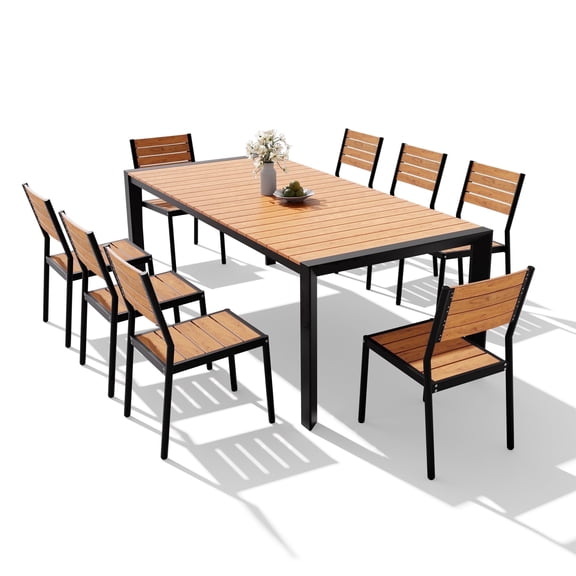 Crestlive Products 9-Piece Outdoor Dining Table Set for 8,Aluminum Patio Table and Chairs with Umbrella Hole, Brown