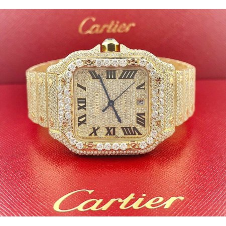 Cartier Santos Mens Custom 39.8mm 18k Yellow Gold Watch Iced Out 25ct Diamonds
