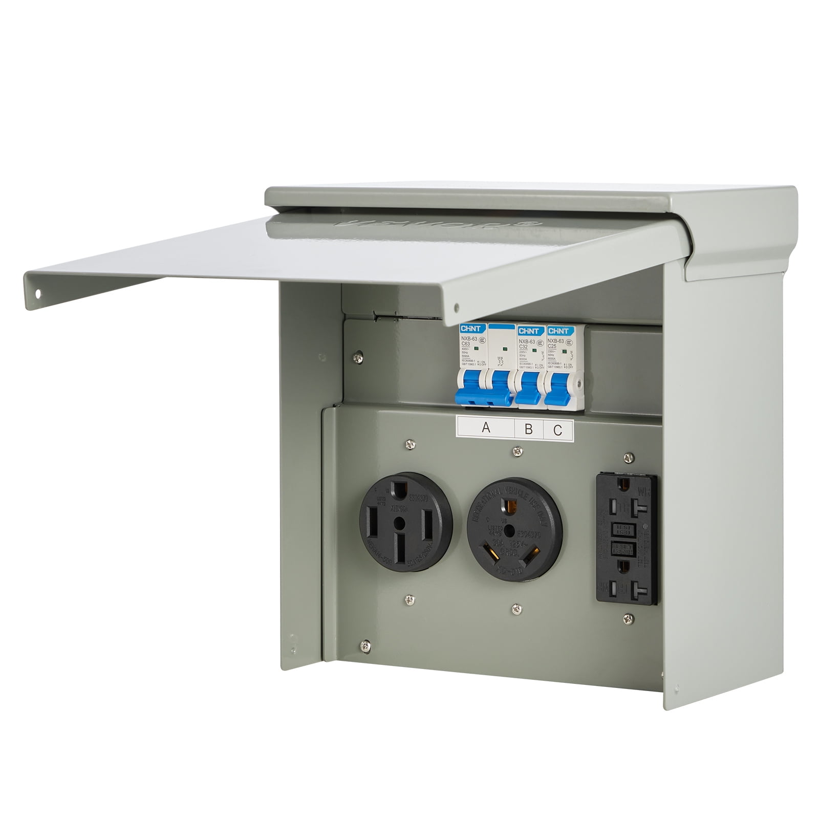 VEVOR Temporary Power Outlet Panel,20 30 50 Amp, RV EV Electrical Outlet Panel, with NEMA 50 Amp NEMA 30 Amp GFCI 20 Amp Receptacle Installed, Pre-Wired IP54 Weatherproof Box,for RV Camper Motorhome