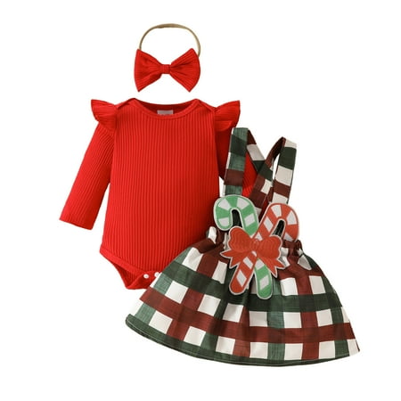 

Xiulive Girls Christmas Long Sleeve Ribbed Romper Bodysuit Xmas Plaid Suspender Skirts Outfits Kids Classic Fit Clothes set