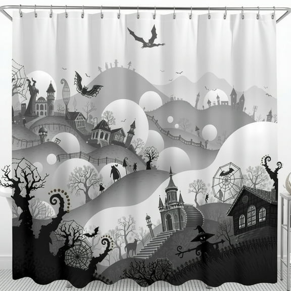 Whimsical Black and White Halloween Shower Curtain with Spooky Town Bats and Eerie Trees for Fall Decor