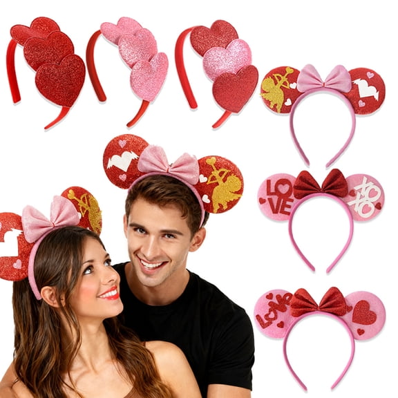 Dserhfy Valentine's Day Headband Glitter Red Pink Heart Hairband Shiny Cute Ear Hair Accessories for Valentine's Day Birthday Wedding Party Costume