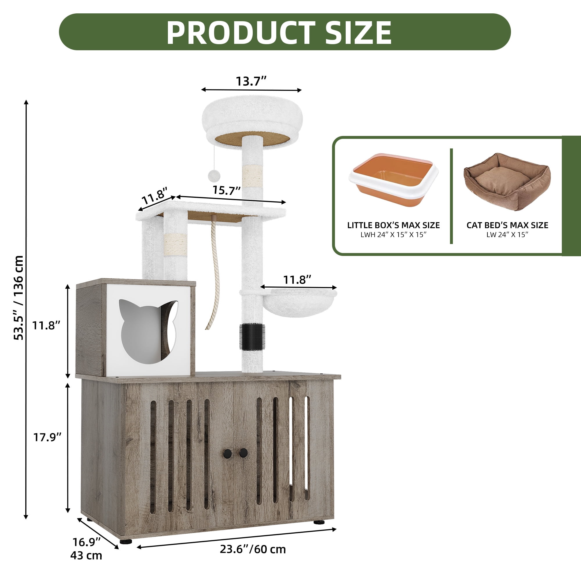 Uforic Cat Tree with Litter Box Enclosure, 2-in-1 Modern Cat Tower Combo, 53.5" Hidden Litter Box Furniture, Gray